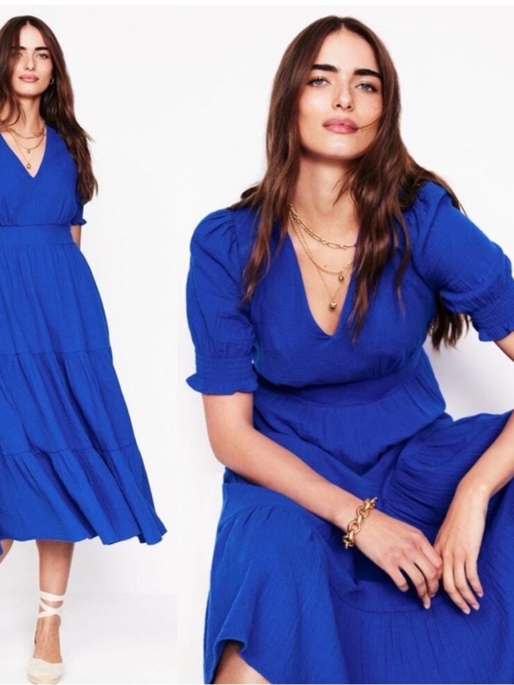 Boden Blue Anna V‑Neck Tiered Midi Dress